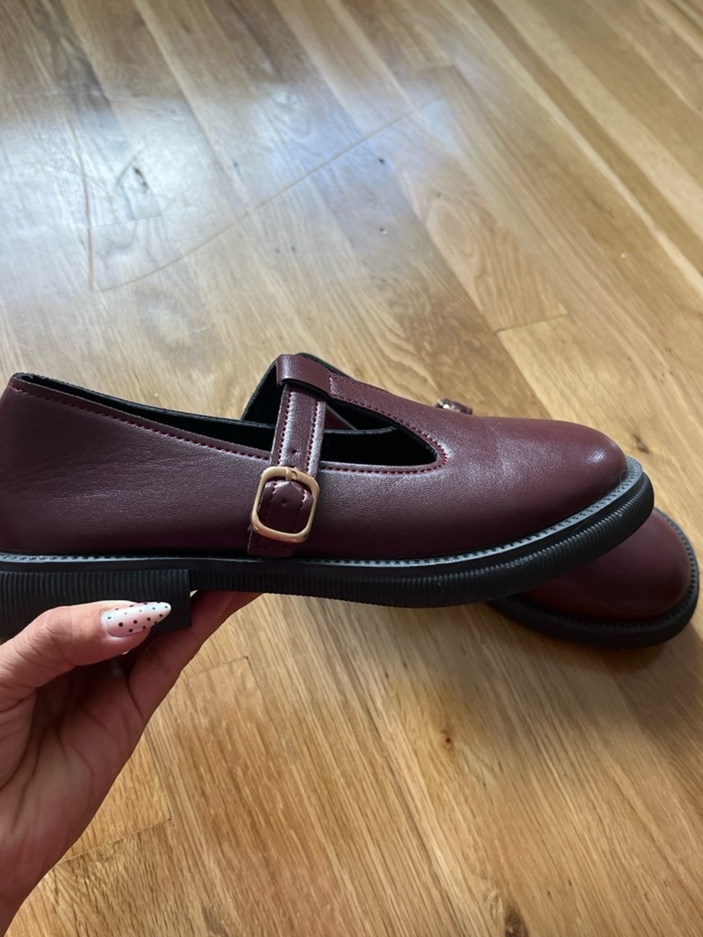 SHEIN Burgundy Mary Jane Loafers with Gold Buckle